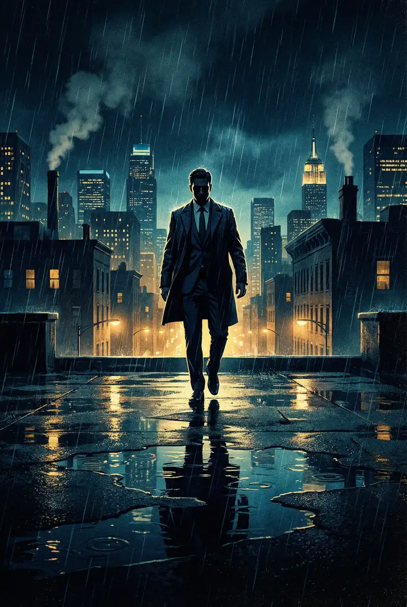 亚美科技 出品影片《雨夜独行者》海报，雨中城市屋顶男性剪影